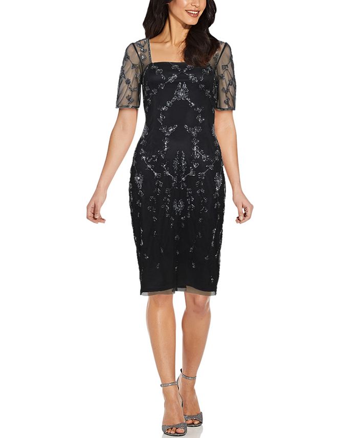 Mesh-Sleeve Beaded Dress Papell Studio Mesh-Sleeve Beaded Dress -Adrianna Papell Sales Shop