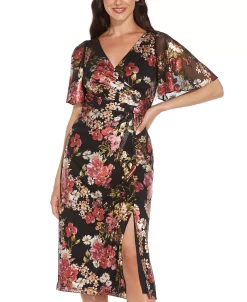 Adrianna Papell Floral-Print Metallic Flutter-Sleeve Dress 8 Adrianna Papell Floral-Print Metallic Flutter-Sleeve Dress -Adrianna Papell Sales Shop 19899402 fpx