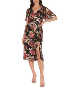 Adrianna Papell Floral-Print Metallic Flutter-Sleeve Dress
