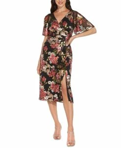 Adrianna Papell Sales Shop 19 Adrianna Papell Floral-Print Metallic Flutter-Sleeve Dress