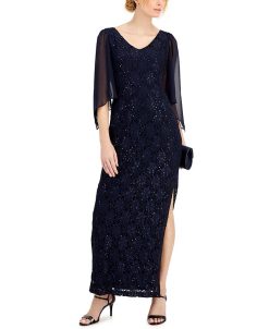Connected Sheer-Sleeve Lace Gown