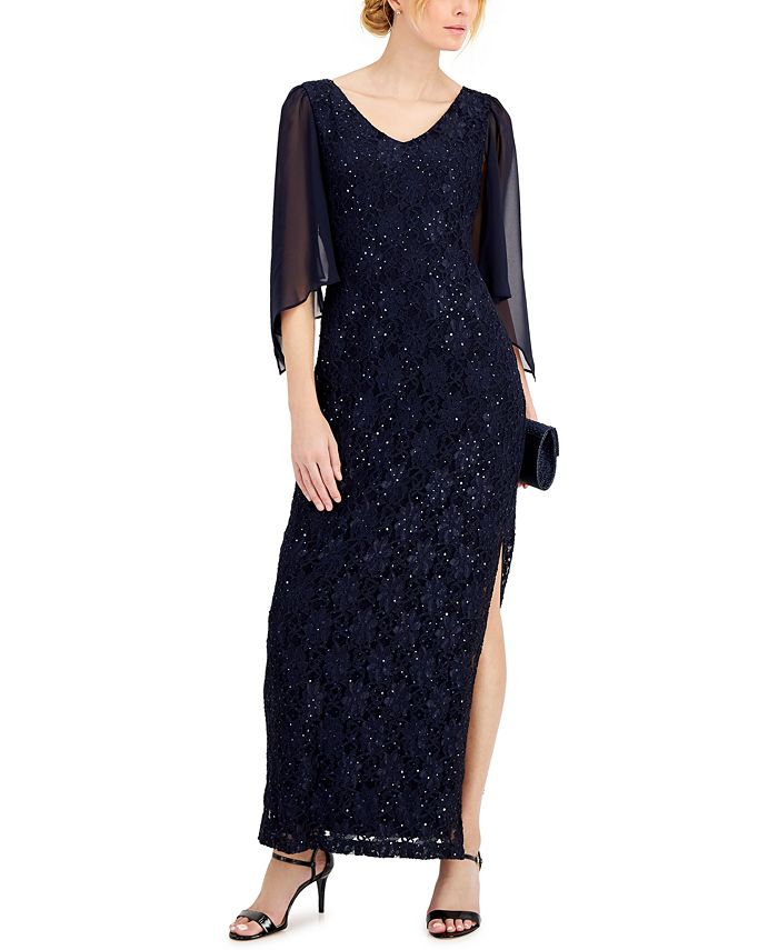 Sheer-Sleeve Lace Gown Connected Sheer-Sleeve Lace Gown -Adrianna Papell Sales Shop