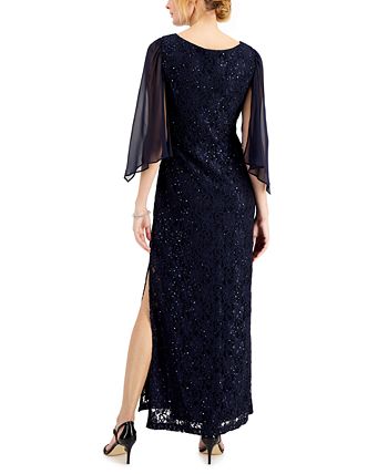 Sheer-Sleeve Lace Gown Connected Sheer-Sleeve Lace Gown -Adrianna Papell Sales Shop