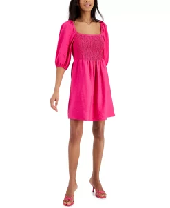 Bar III Women's Puff-Sleeve Smocked Dress, Created For Macy's -Adrianna Papell Sales Shop 21588145 fpx