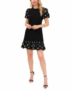 CeCe Women's Embroidered Puff-Sleeve Dress