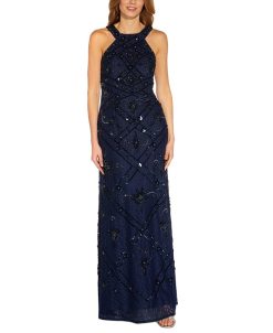 Adrianna Papell Halter Beaded-Lace Gown