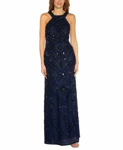 Adrianna Papell Halter Beaded-Lace Gown