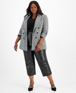 Bar III Plus Size Plaid Double-Breasted Blazer, Ruffle Tie-Neck Blouse, & Faux Leather Tie Waist Pants, Created For Macy's
