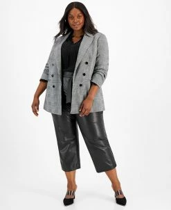 Bar III Plus Size Plaid Double-Breasted Blazer, Ruffle Tie-Neck Blouse, & Faux Leather Tie Waist Pants, Created For Macy's