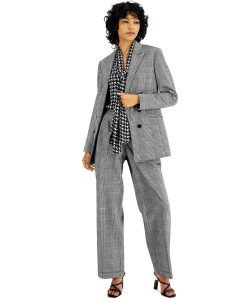 Bar III Women's Plaid Double-Breasted Blazer, Ruffle Tie-Neck Blouse, & Plaid Pleated Wide Leg Pants, Created For Macy's