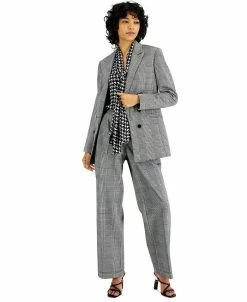 Bar III Women's Plaid Double-Breasted Blazer, Ruffle Tie-Neck Blouse, & Plaid Pleated Wide Leg Pants, Created For Macy's