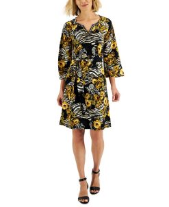 JM Collection Women's Embellished-Neck Printed A-Line Dress, Created For Macy's