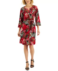JM Collection Women's Embellished-Neck Printed A-Line Dress, Created For Macy's -Adrianna Papell Sales Shop 22152688 fpx