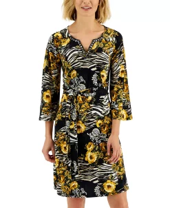 JM Collection Women's Embellished-Neck Printed A-Line Dress, Created For Macy's -Adrianna Papell Sales Shop 22152691 fpx