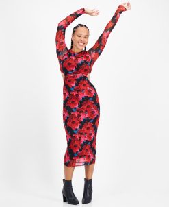 Bar III Women's Mesh-Overlay Side-Cutout Bodycon Midi Dress, Created For Macy's