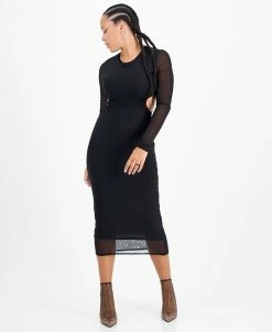 Bar III Women's Mesh-Overlay Side-Cutout Midi Dress, Created For Macy's