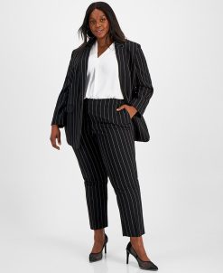 Bar III Plus Size Pinstripe One-Button Blazer, Blouse, & Pinstripe Straight Ankle Pants, Created For Macy's