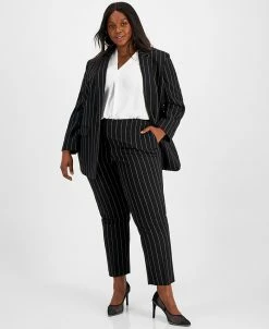Bar III Plus Size Pinstripe One-Button Blazer, Blouse, & Pinstripe Straight Ankle Pants, Created For Macy's