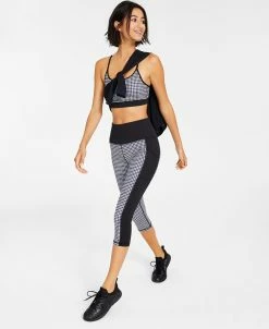 ID Ideology Women's Birdseye Mesh Long Sleeve Tee, Houndstooth Low Impact Sports Bra & Crop Leggings, Created For Macy's