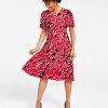 Kasper Printed Flutter-Sleeve Belted Dress
