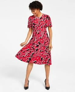 Kasper Printed Flutter-Sleeve Belted Dress