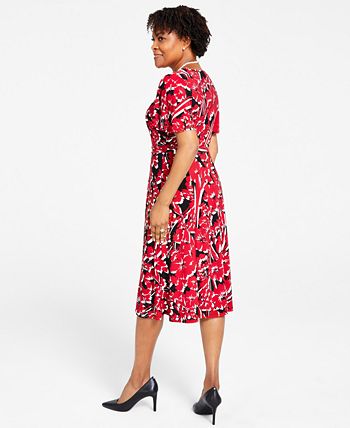 Printed Flutter-Sleeve Belted Dress Kasper Printed Flutter-Sleeve Belted Dress -Adrianna Papell Sales Shop