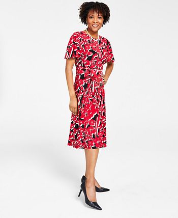 Printed Flutter-Sleeve Belted Dress Kasper Printed Flutter-Sleeve Belted Dress -Adrianna Papell Sales Shop