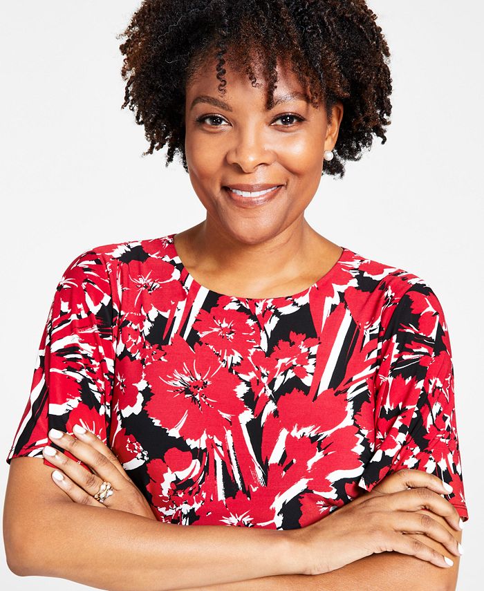 Printed Flutter-Sleeve Belted Dress Kasper Printed Flutter-Sleeve Belted Dress -Adrianna Papell Sales Shop