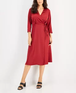 Alfani Women's Elbow Sleeve Satin Surplice Dress, Created For Macy's