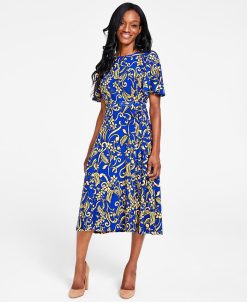 Kasper Printed Flutter-Sleeve Belted Dress