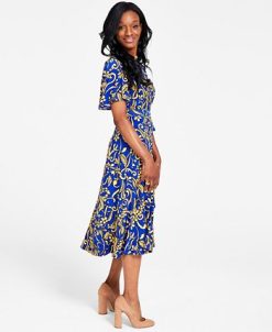Kasper Printed Flutter-Sleeve Belted Dress -Adrianna Papell Sales Shop 22406967 fpx