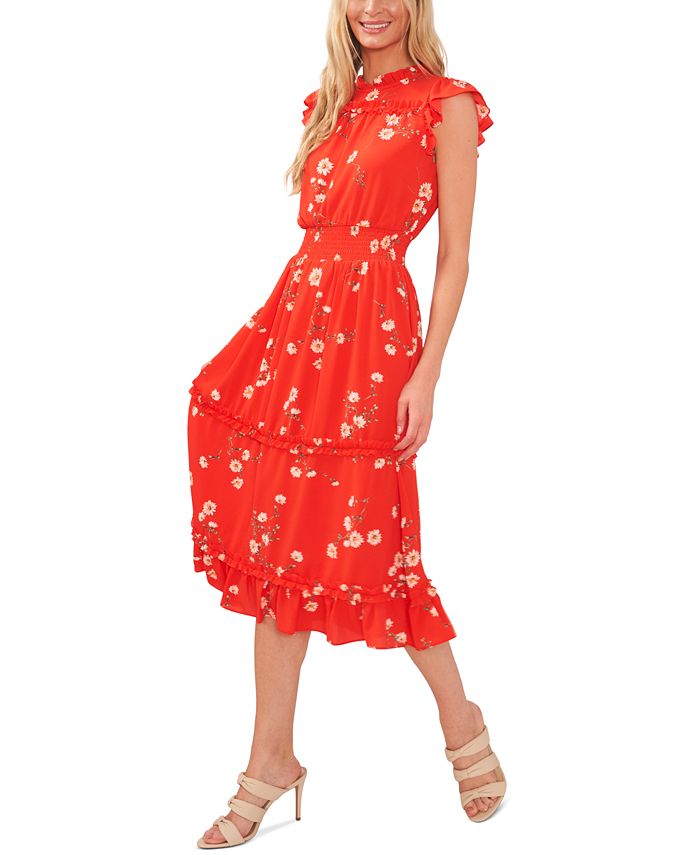 Women's Floral Print Smocked-Waist Midi Dress CeCe Women's Floral Print Smocked-Waist Midi Dress -Adrianna Papell Sales Shop