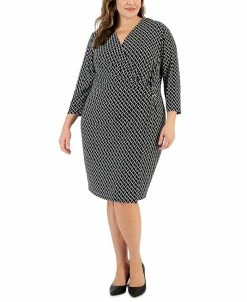 Kasper Plus Size Printed 3/4-Sleeve Faux-Wrap Dress
