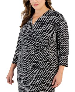 Kasper Plus Size Printed 3/4-Sleeve Faux-Wrap Dress -Adrianna Papell Sales Shop 22568080 fpx