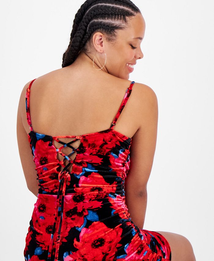 Women's Printed Sleeveless Ruched Velvet Mini Dress, Created For Macy's Bar III Women's Printed Sleeveless Ruched Velvet Mini Dress, Created For Macy's -Adrianna Papell Sales Shop