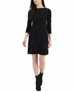 Anne Klein Women's Studded 3/4-Sleeve Fit & Flare Sweater Dress