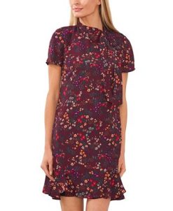 CeCe Women's Short Sleeve Printed Godet Dress With Bow Neck -Adrianna Papell Sales Shop 22780180 fpx