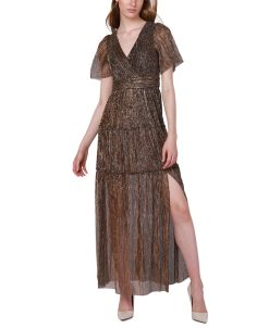 Black Tape Women's V-Neck Chiffon Leg-Slit Maxi Dress