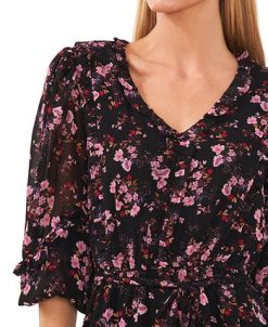 CeCe Women's Floral-Print Balloon-Sleeve Ruffled A-Line Dress 4 CeCe Women's Floral-Print Balloon-Sleeve Ruffled A-Line Dress -Adrianna Papell Sales Shop 22866951 fpx