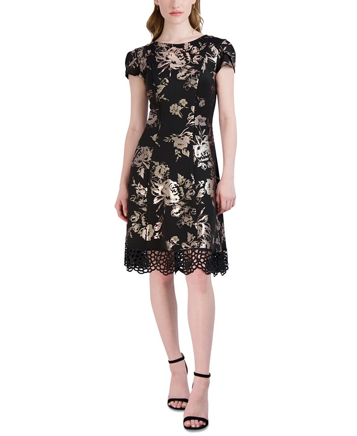 Women's Tulip-Sleeve Lace-Hem Fit & Flare Dress Donna Ricco Women's Tulip-Sleeve Lace-Hem Fit & Flare Dress -Adrianna Papell Sales Shop
