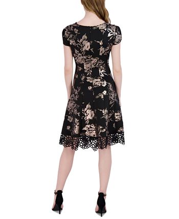 Women's Tulip-Sleeve Lace-Hem Fit & Flare Dress Donna Ricco Women's Tulip-Sleeve Lace-Hem Fit & Flare Dress -Adrianna Papell Sales Shop