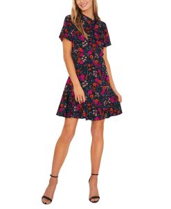 CeCe Women's Floral-Print Tie-Neck A-Line Dress