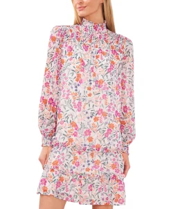 CeCe Women's Floral-Print Smocked Blouson-Sleeve Shift Dress -Adrianna Papell Sales Shop 22948264 fpx