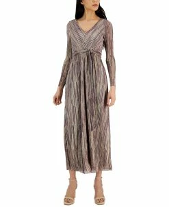 Anne Klein Women's V-Neck Maxi Pleated Long-Sleeve Dress