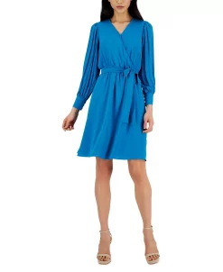 Anne Klein Women's V-Neck Pleated-Long-Sleeve Dress -Adrianna Papell Sales Shop 22979859 fpx