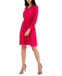 Anne Klein Women's V-Neck Pleated-Long-Sleeve Dress