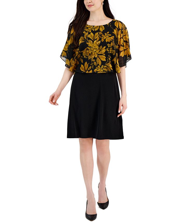 Women's Flora-Print Cape-Overlay A-Line Dress Connected Women's Flora-Print Cape-Overlay A-Line Dress -Adrianna Papell Sales Shop