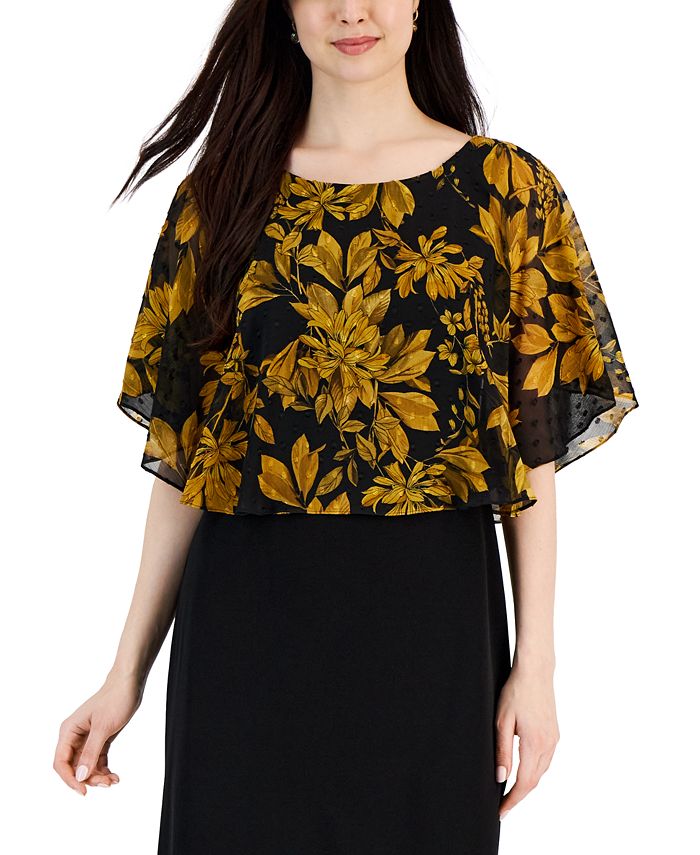 Women's Flora-Print Cape-Overlay A-Line Dress Connected Women's Flora-Print Cape-Overlay A-Line Dress -Adrianna Papell Sales Shop