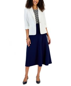 Kasper Women's One-Button Rolled Sleeve Jacket, Printed Ruffle Sleeve Blouse, & Pull-On A-Line Skirt