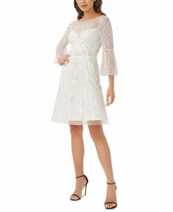 Adrianna Papell Women's Illusion-Detail Flare-Sleeve A-Line Dress